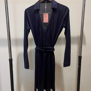 Quince New 100% Silk Midi Wrap Dress Navy Small